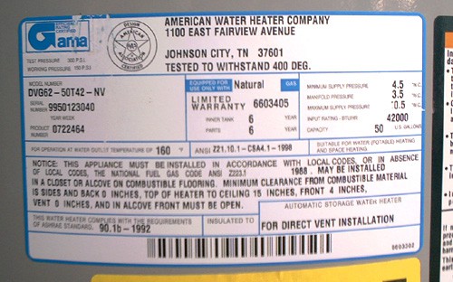 american water heater rating plate