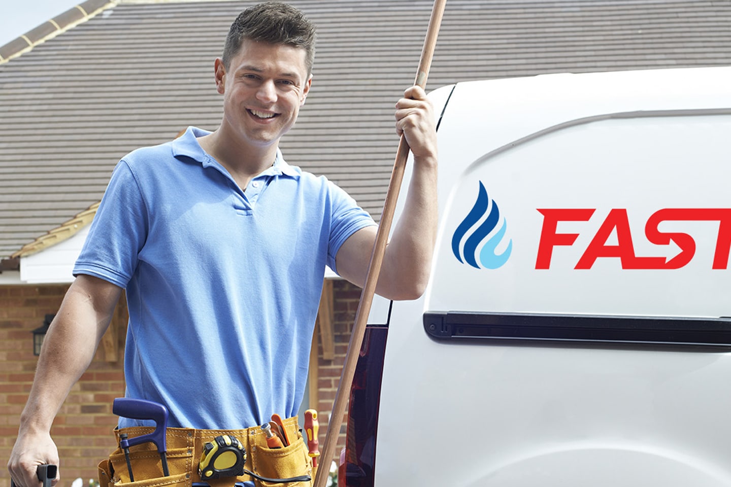 plumber with pipe and truck