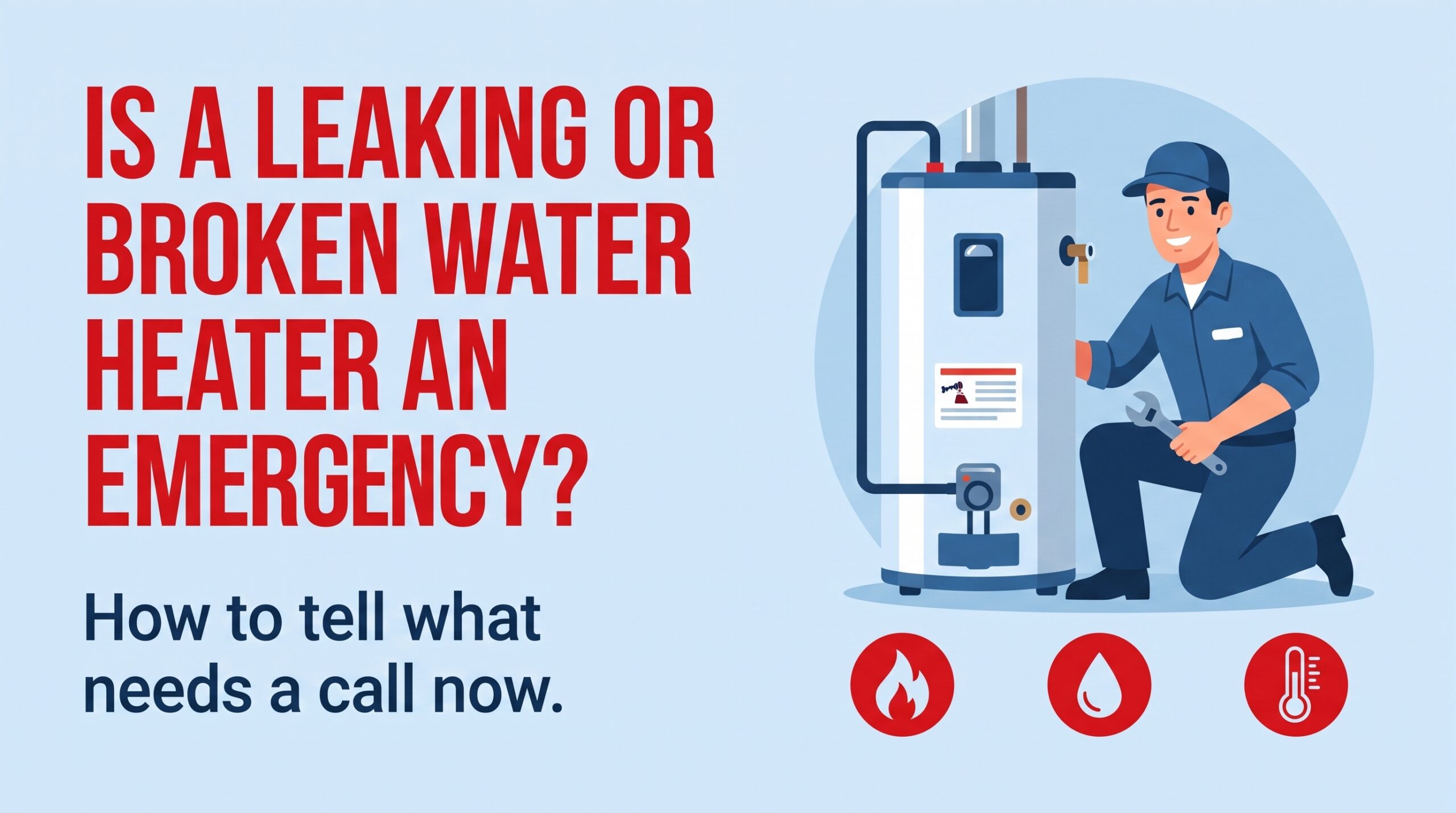 Is a leaking or broken water heater an emergency? Technician inspecting a residential tank water heater.