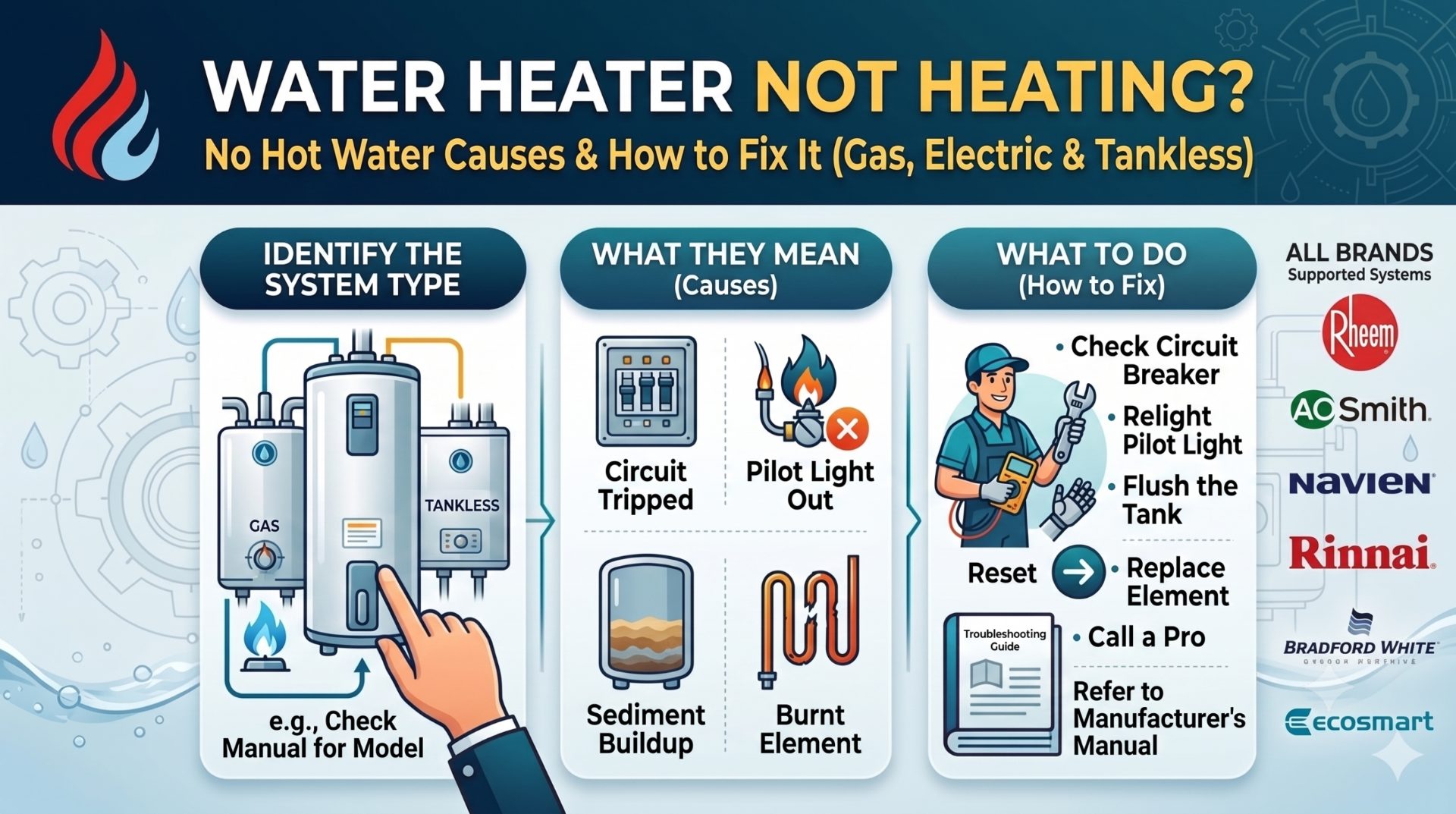water-heater-not-heating-no-hot-water Water heater not heating — no hot water troubleshooting for gas, electric and tankless units
