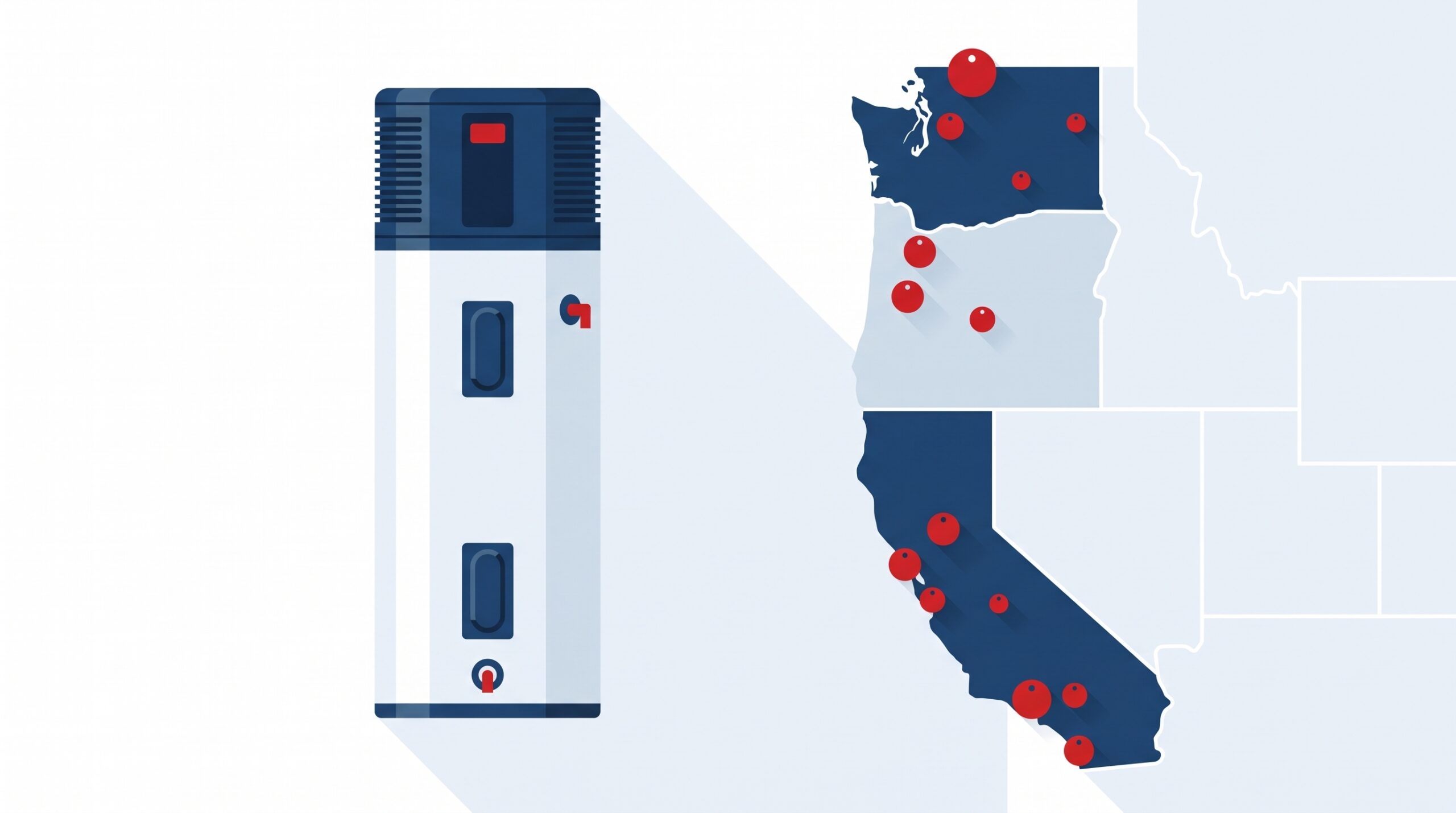 Heat pump water heater beside a map of Washington, Oregon and California showing rebate amounts that vary by utility